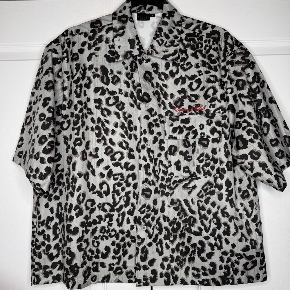 Sumwon Shirt Mens Small Gray Leopard Animal Print Short Sleeve Button Up Casual